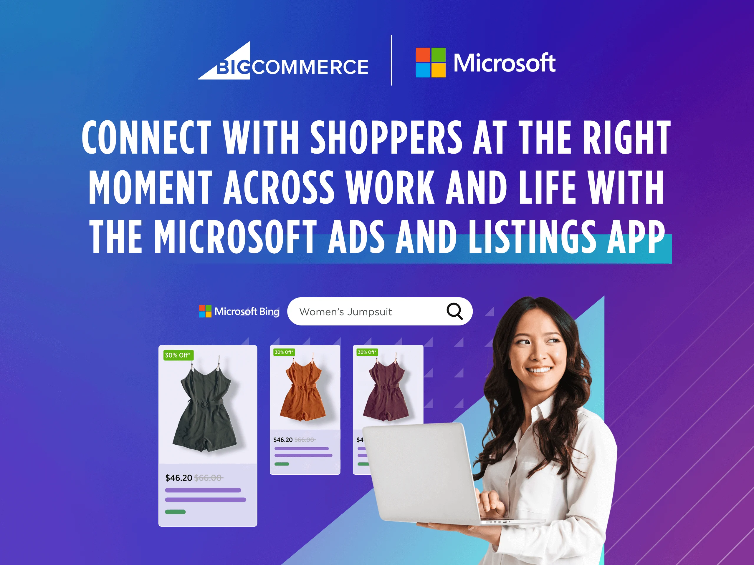 Woman holding a laptop smiles in front of online shopping ads for women’s jumpsuits, with BigCommerce and Microsoft logos.