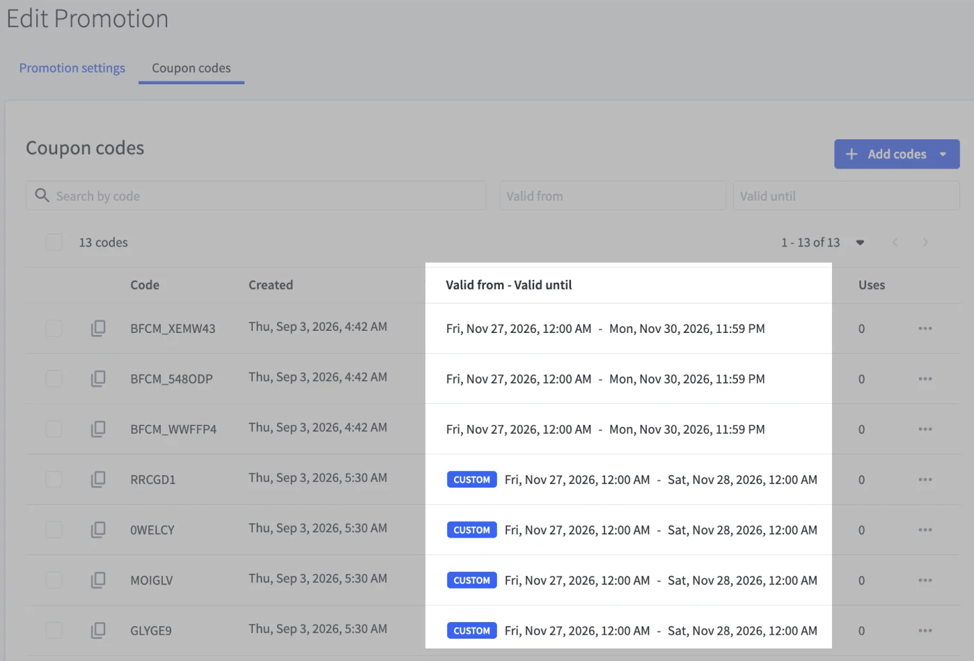 Coupon codes table showing validity dates in a modal dialog, with codes listed and custom date ranges displayed.