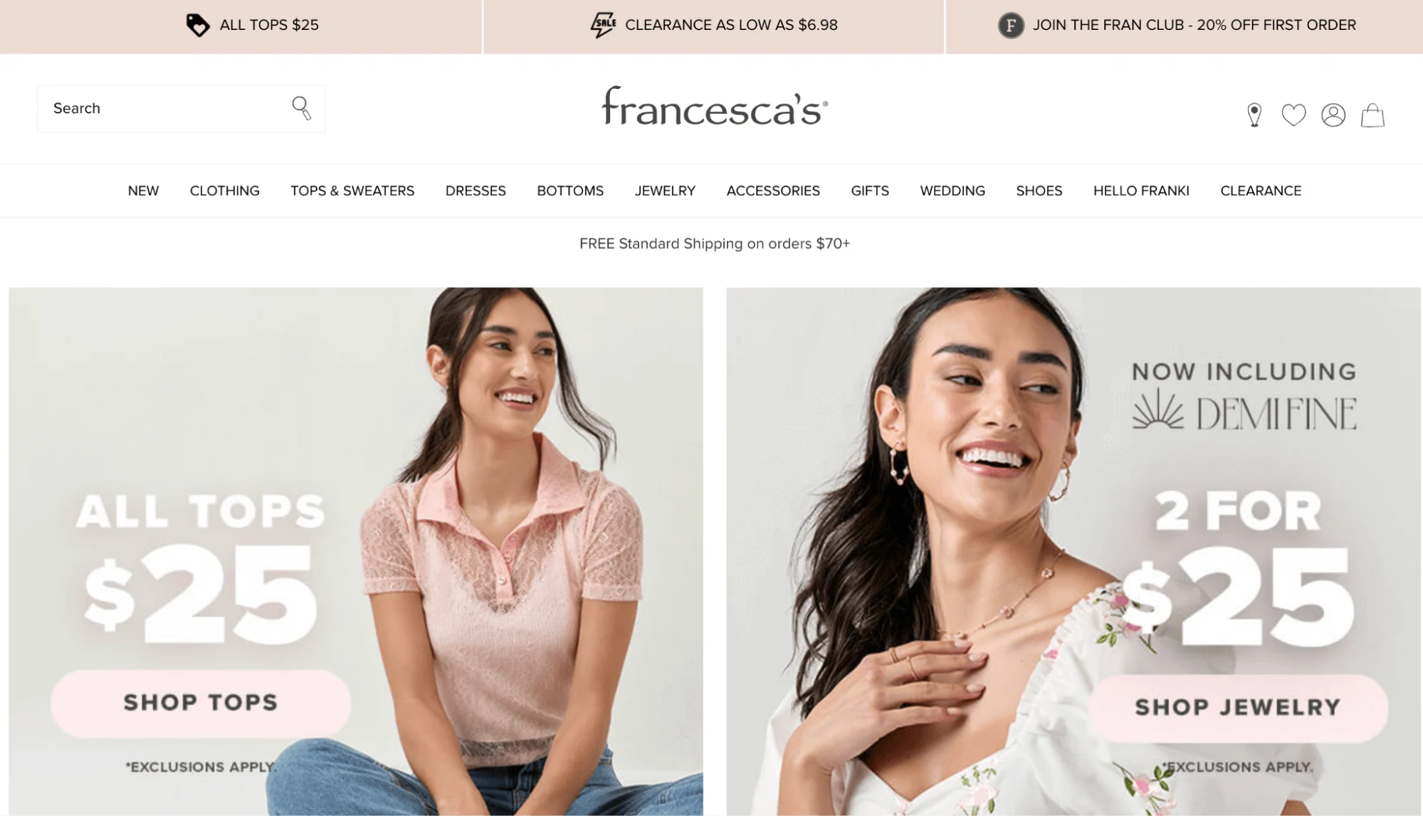 Francesca's Homepage with two smiling women wearing a pink shirt and a woman in a white floral shirt