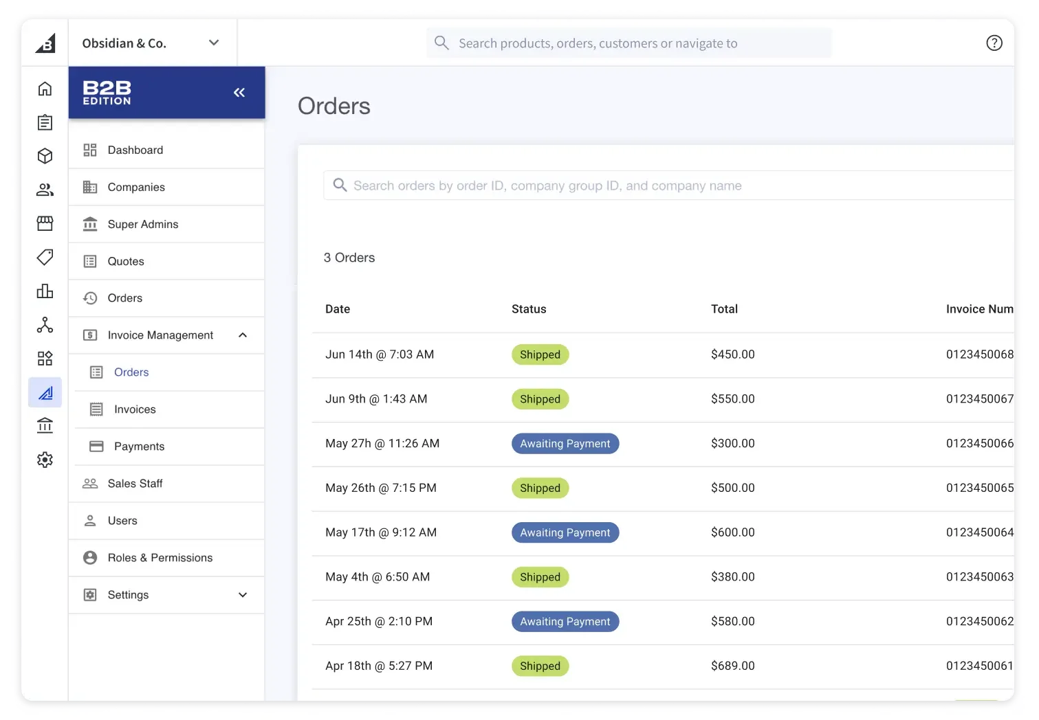 Business dashboard showing orders list with dates, statuses in green and blue, totals, and invoice numbers on a white background.