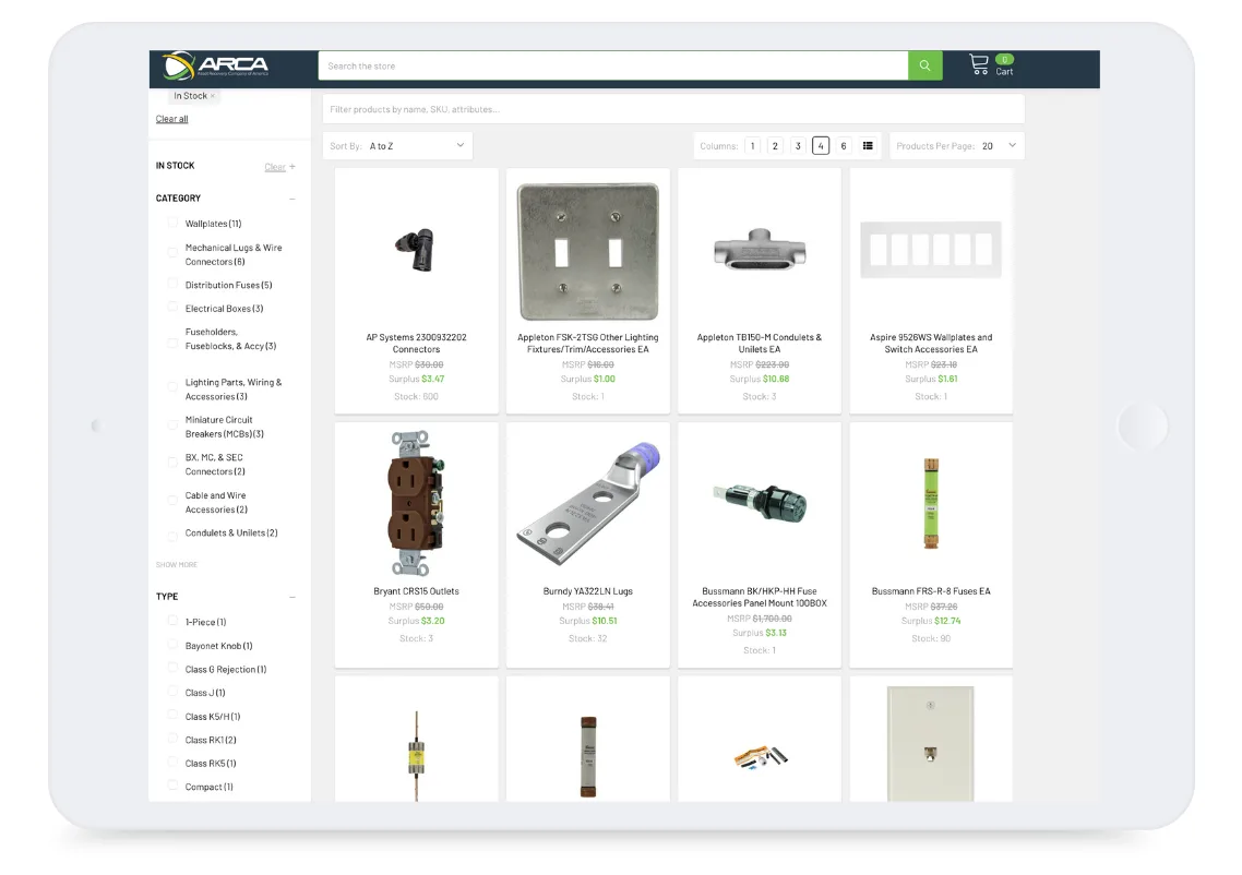 Tablet displaying an online store for electrical parts, showing product images, prices, and filter options on the left.