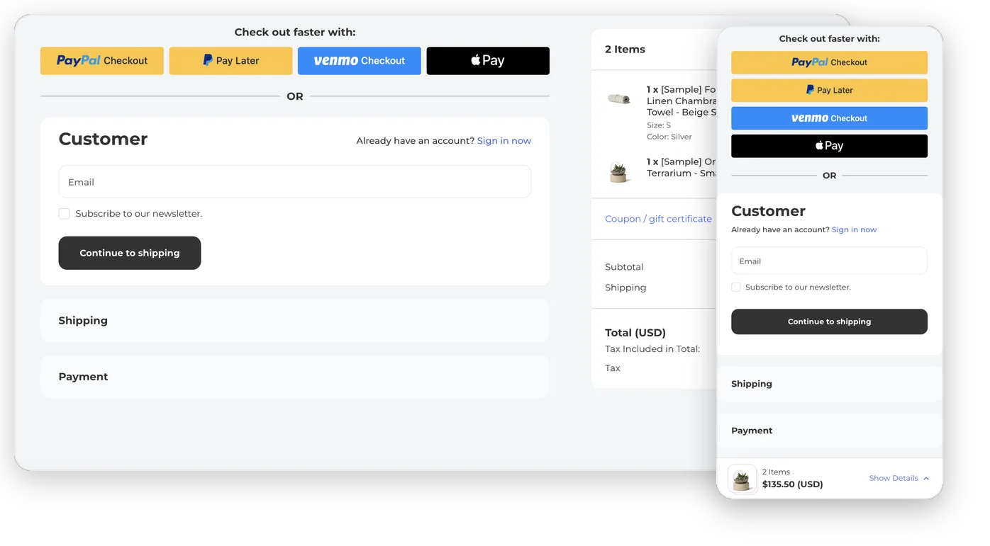 Desktop and mobile views of the enhanced checkout experience with wallet buttons and order summary.