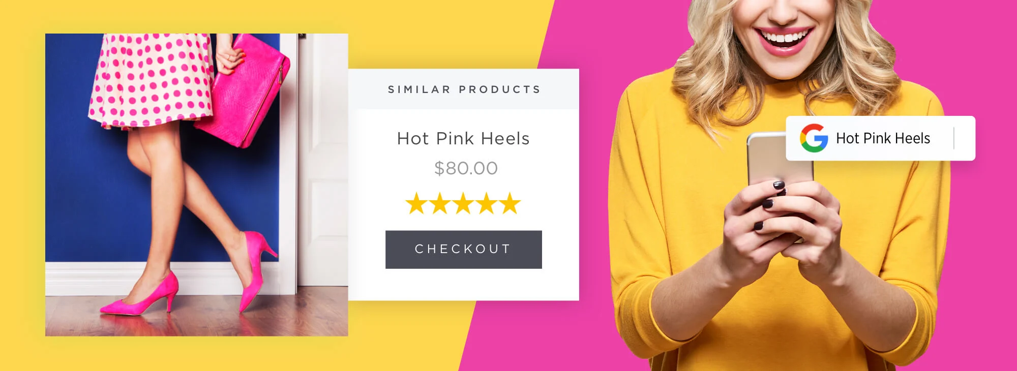 Woman in yellow top smiling at phone, hot pink heels and purse, polka dot skirt, product ad for hot pink heels.