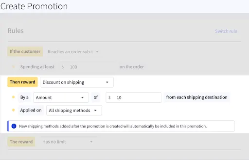 Software mockup for managing shipping promotions and discount rules within an ecommerce marketing platform.