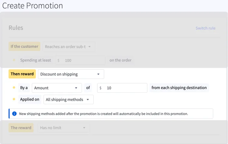 Software mockup for managing shipping promotions and discount rules within an ecommerce marketing platform.