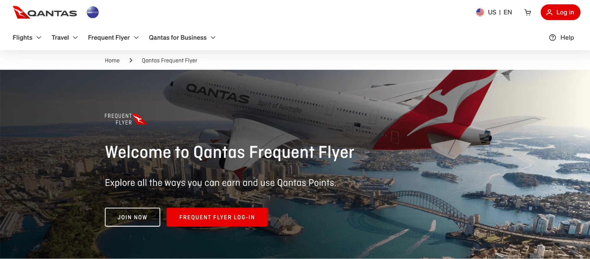 Qantas Frequent Flyer homepage: Welcome to Qantas Frequent Flyer, featuring a Qantas plane over Sydney Harbor.