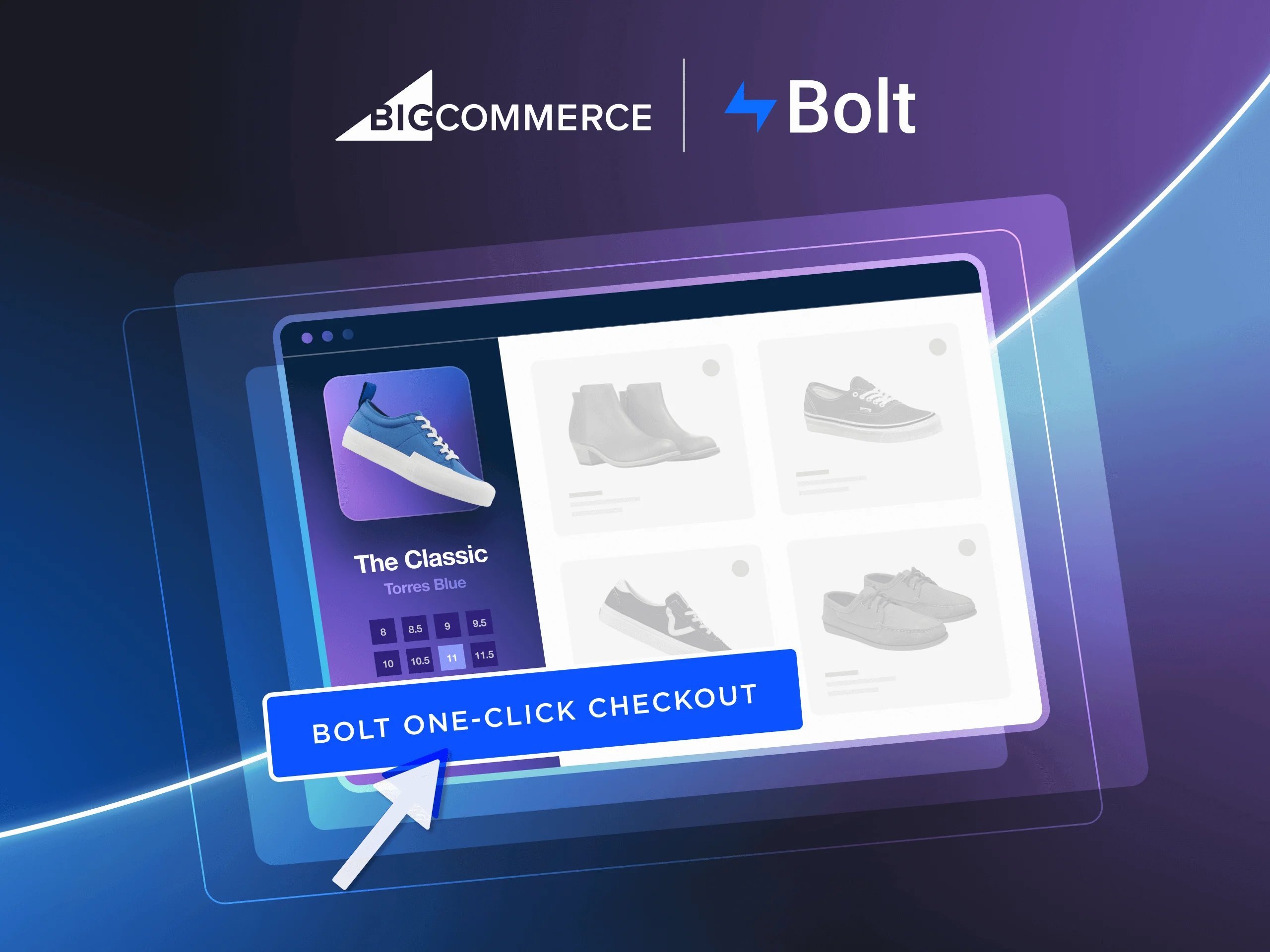 Online shoe store interface with a highlighted blue sneaker and a large "Bolt One-Click Checkout" button, BigCommerce logo.