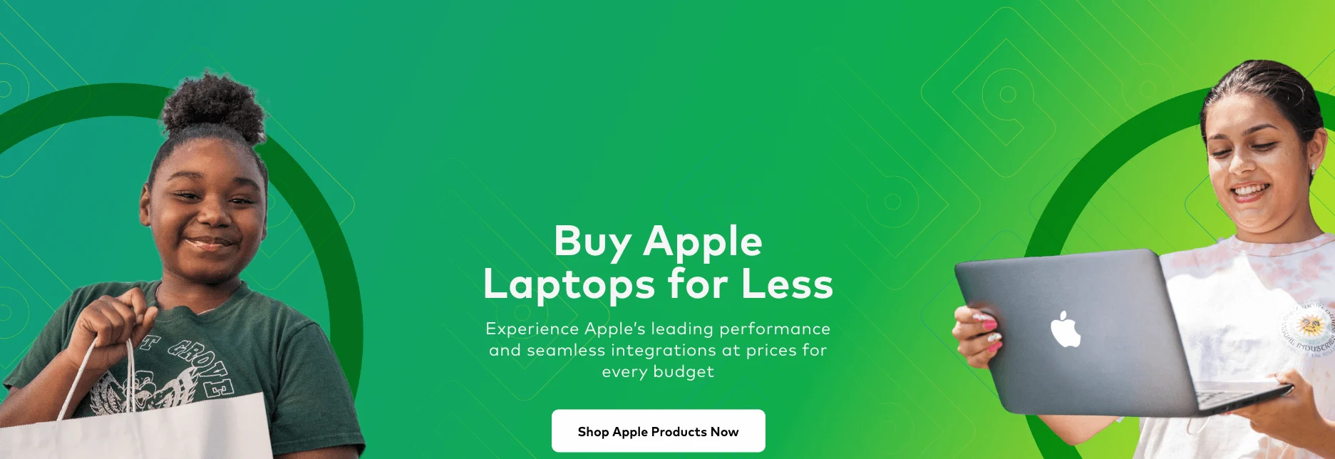 Two smiling girls on a green background. One holds a shopping bag, and the other holds an Apple laptop, with the text: Buy Apple Laptops for Less.