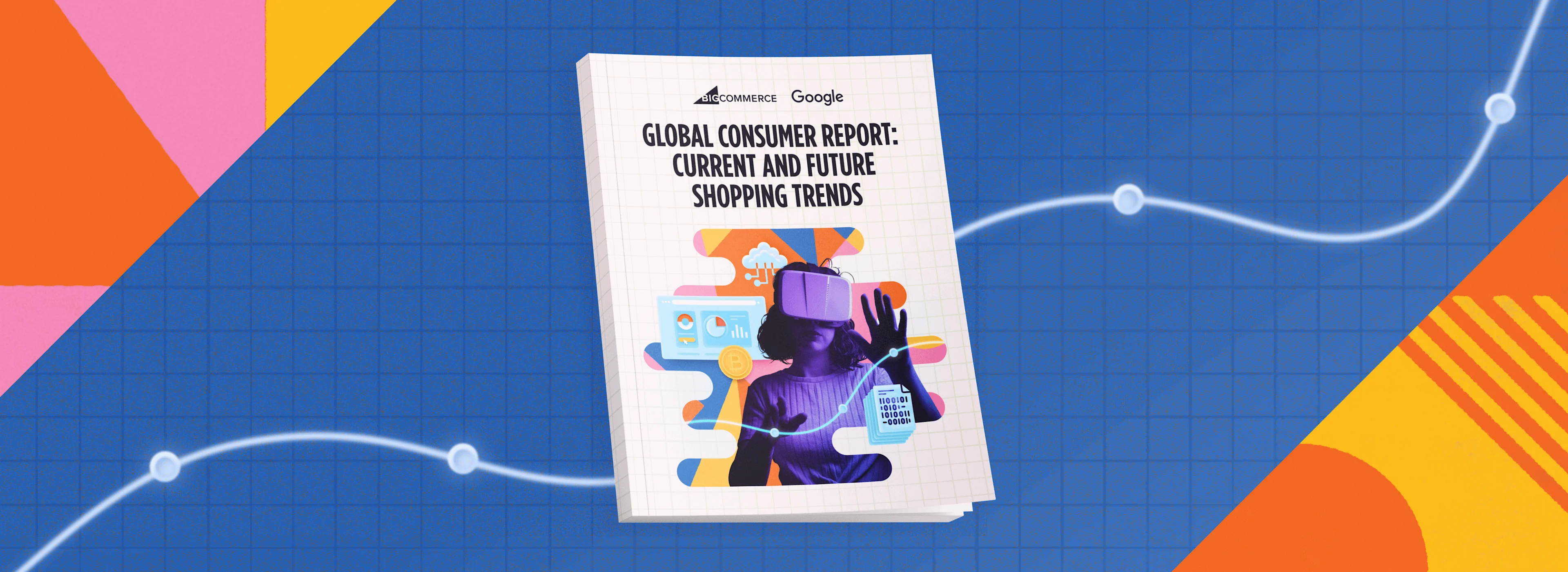 A report cover titled "Global Consumer Report: Current and Future Shopping Trends" with VR imagery on a colorful background.