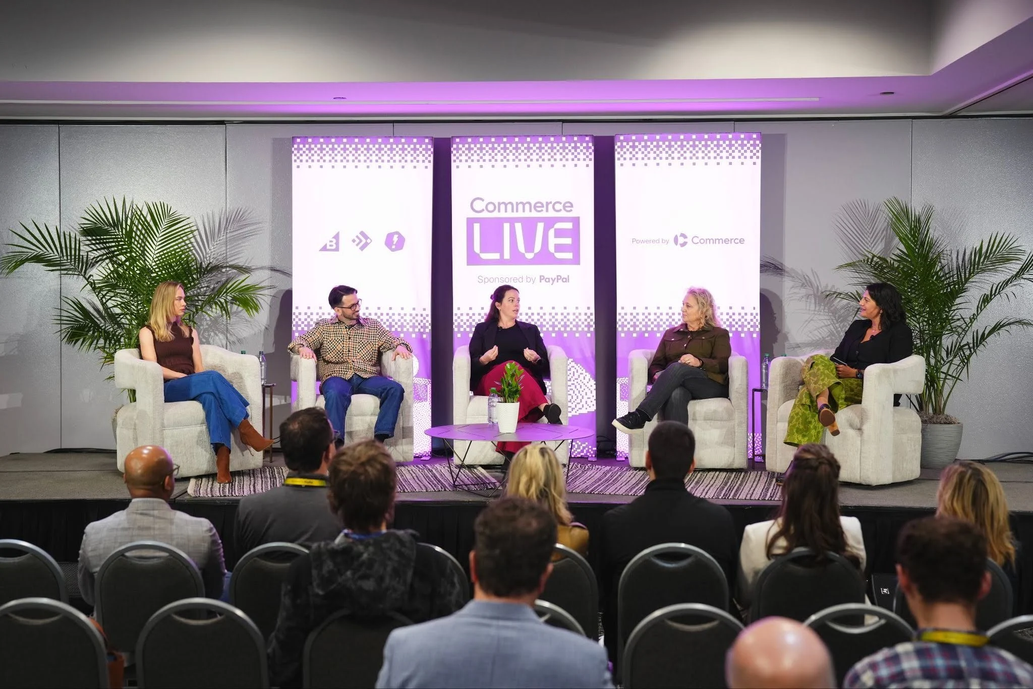 Commerce Live Session: From left: Mallory Wilberding, Power Digital Marketing; Owen Spencer, Friends with Robots; Ashlyn Caporicci, Belk, Inc; Tari Huddleston, Revelyst; Amera Khalil, Commerce