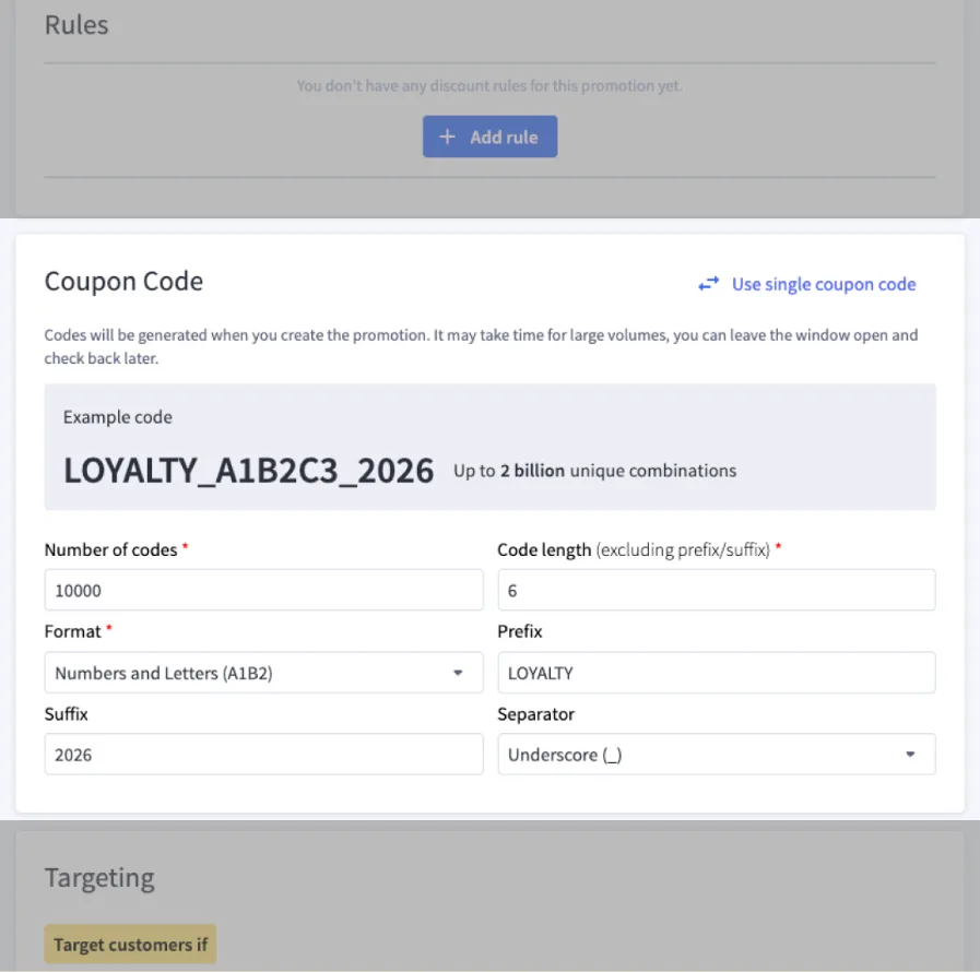 Coupon code generator settings showing "LOYALTY" prefix and "2026" suffix for 10,000 unique codes.