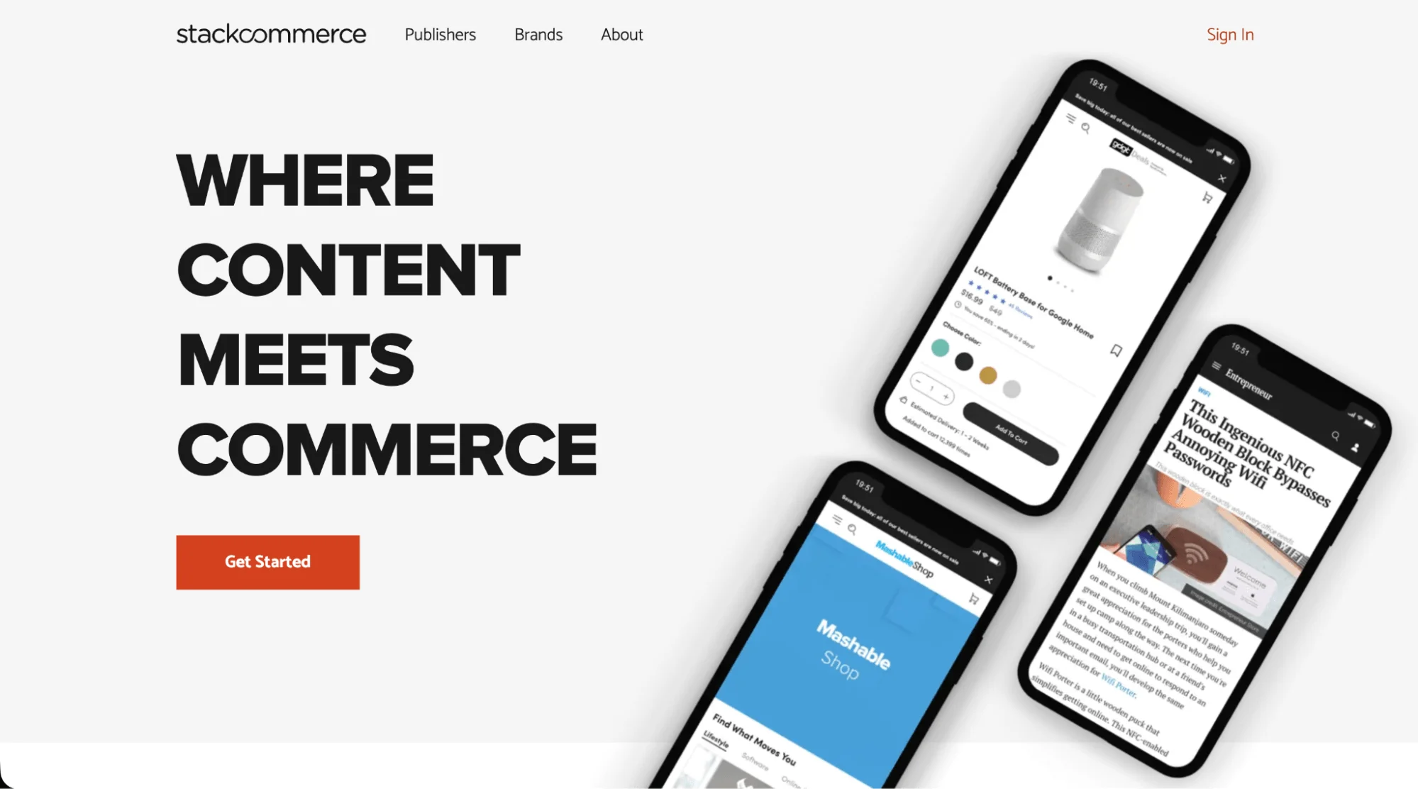 StackCommerce homepage hero: "Where content meets commerce," with smartphone mockups of partner shops.