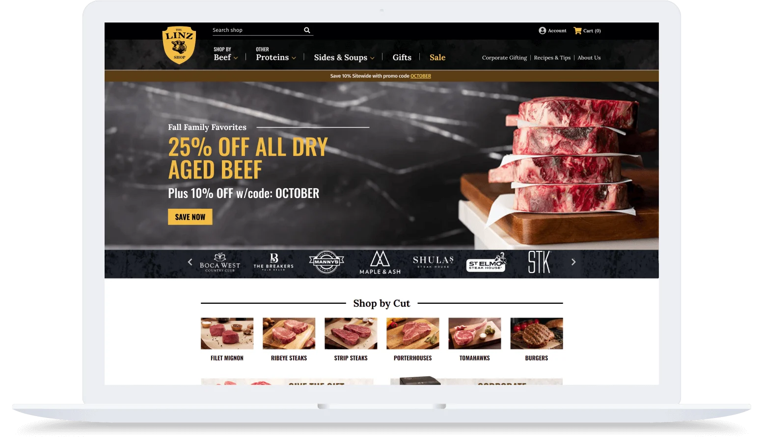 Laptop screen displaying a butcher shop website with stacked raw beef cuts and a 25% off dry aged beef promotion.