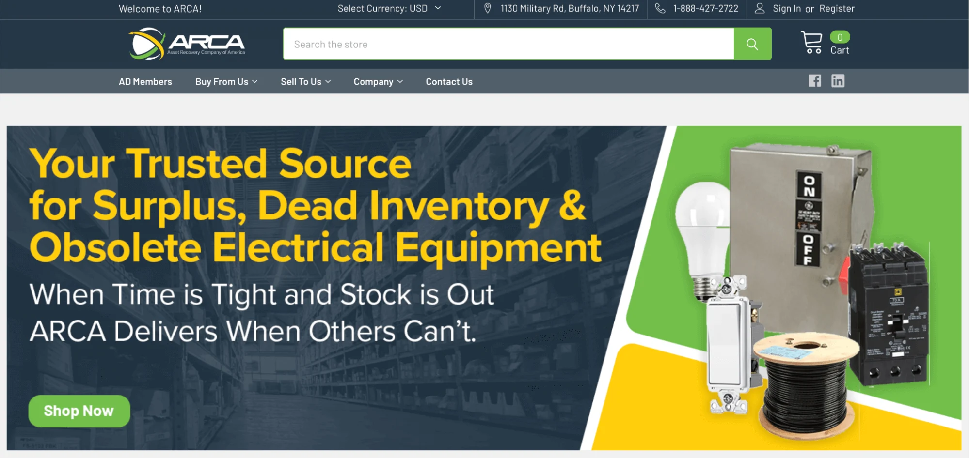 ARCA website banner with shelves, bold yellow text, and images of electrical equipment like a bulb, switch, and wire spool.