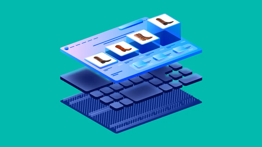 Isometric illustration of layered digital interface showing product images of shoes on blue platforms above technical layers on teal background.