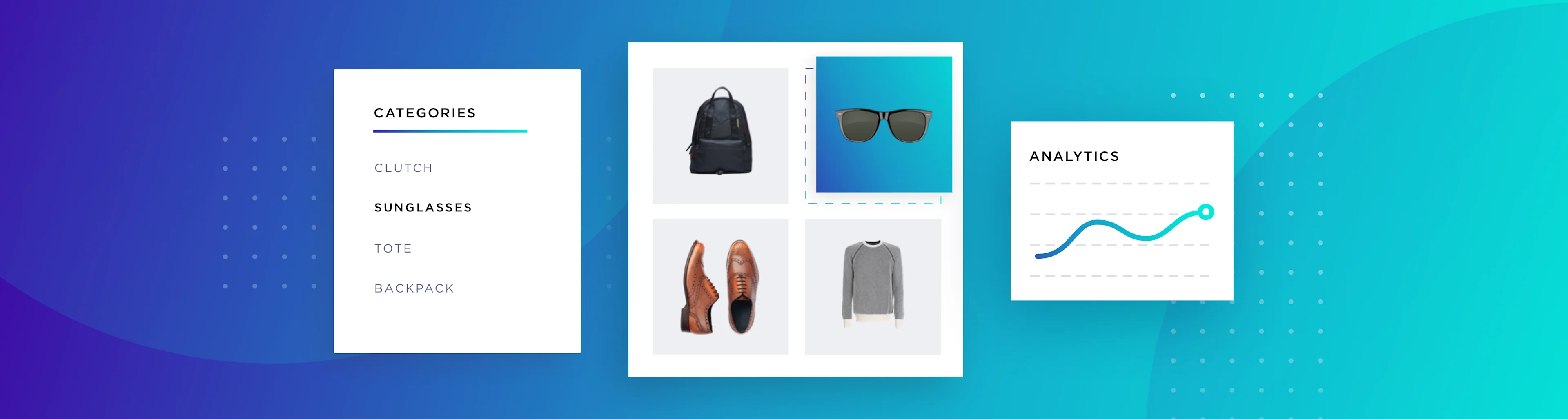 Dashboard with product categories, images of backpack, sunglasses, shoes, sweater, and an analytics line graph on blue background.