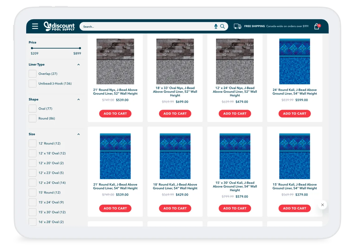 Discount Pool Supply's product listing page displayed on a tablet, showing faceted filtering by price, liner type, shape, and size alongside above-ground pool liner results.