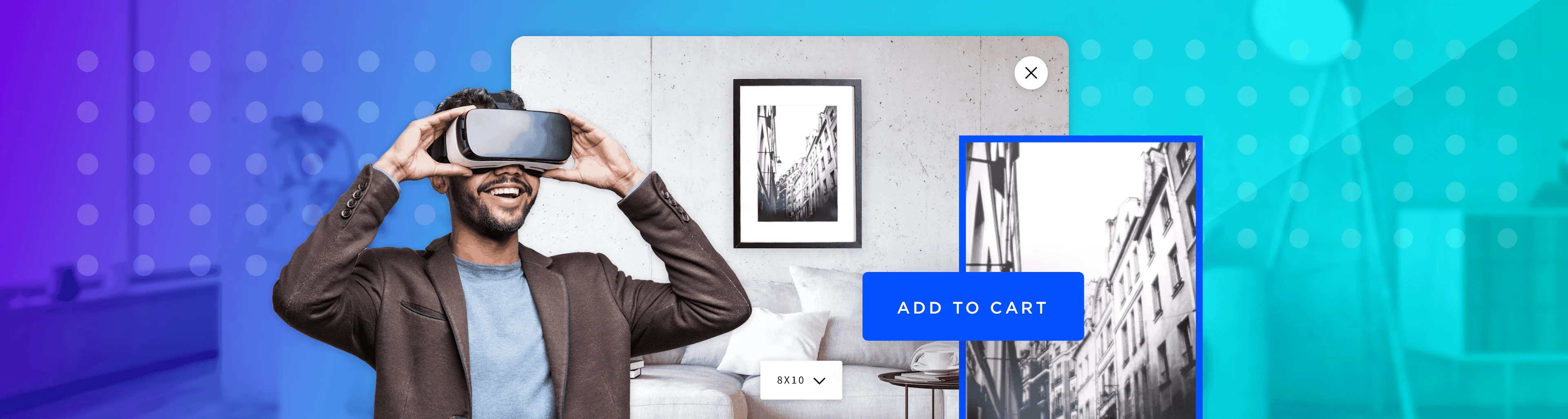 Smiling man wearing VR headset, with a framed photo on a wall and a blue "Add to Cart" button in a modern room.
