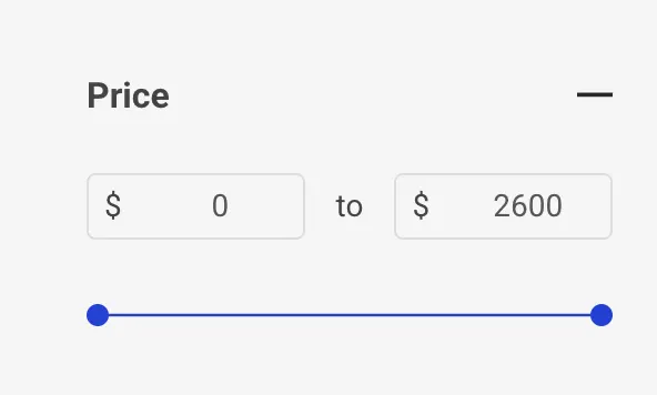 Price filter interface with two input fields showing range from $0 to $2600 with a blue slider bar below.