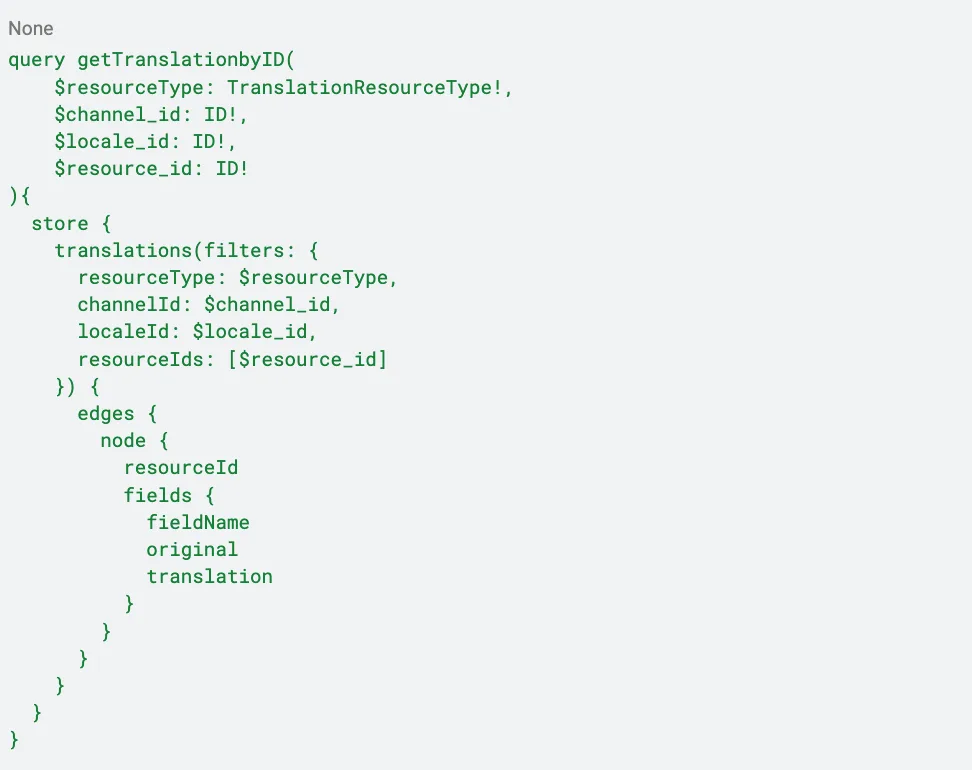 Code snippet showing a GraphQL query named getTranslationbyID with parameters and nested field structure in green text.