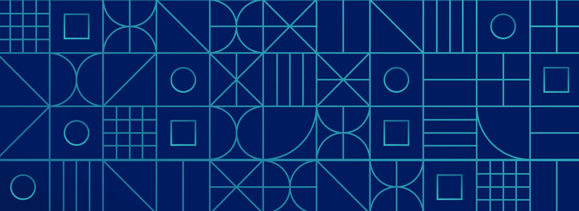 Blue background with a grid of geometric shapes in light blue lines, including circles, squares, and triangles.