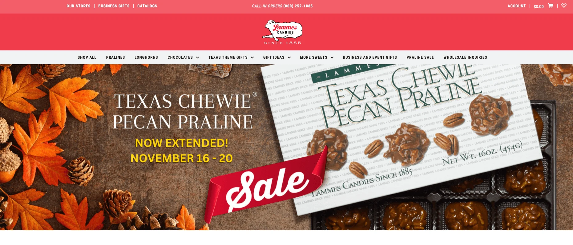 Box of Texas Chewie Pecan Pralines on sale, surrounded by autumn leaves, pinecones, and acorns, with sale dates.