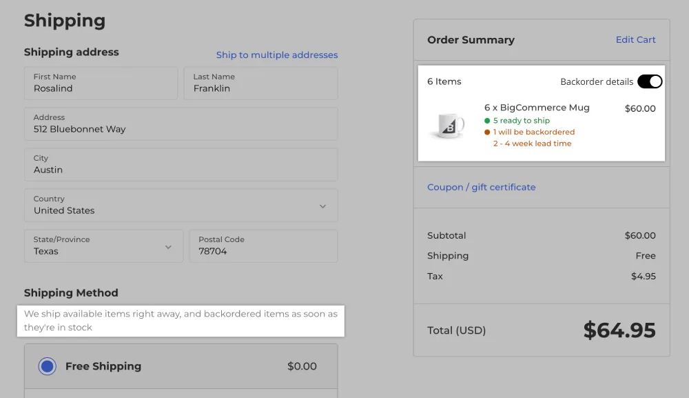 Checkout page showing shipping address form for Austin, Texas and order summary with 6 BigCommerce Mugs totaling $64.95