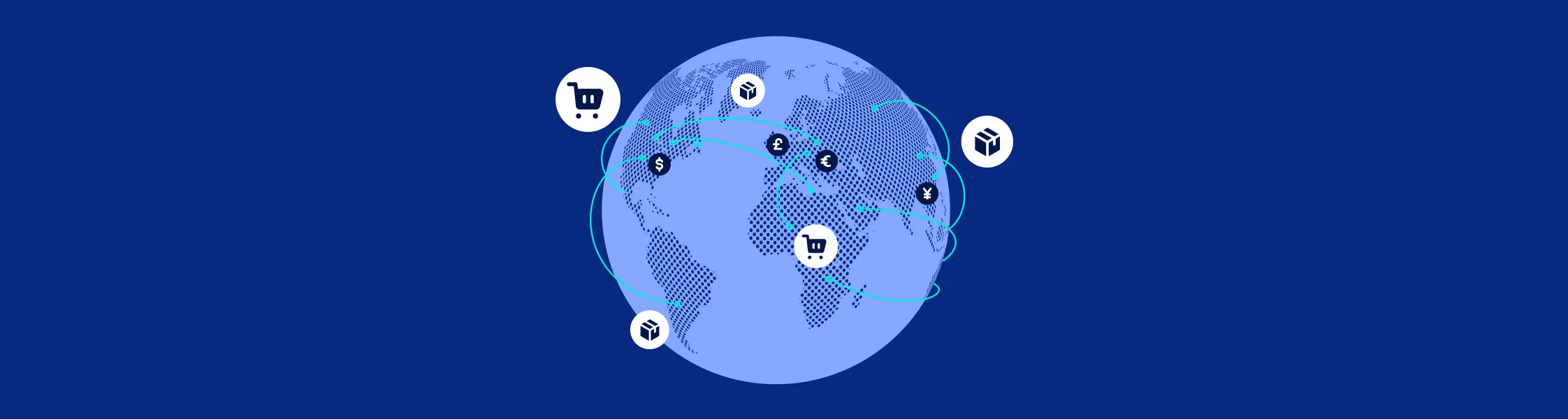 Blue globe with dotted continents showing global e-commerce network with shopping cart and package icons connected by lines.