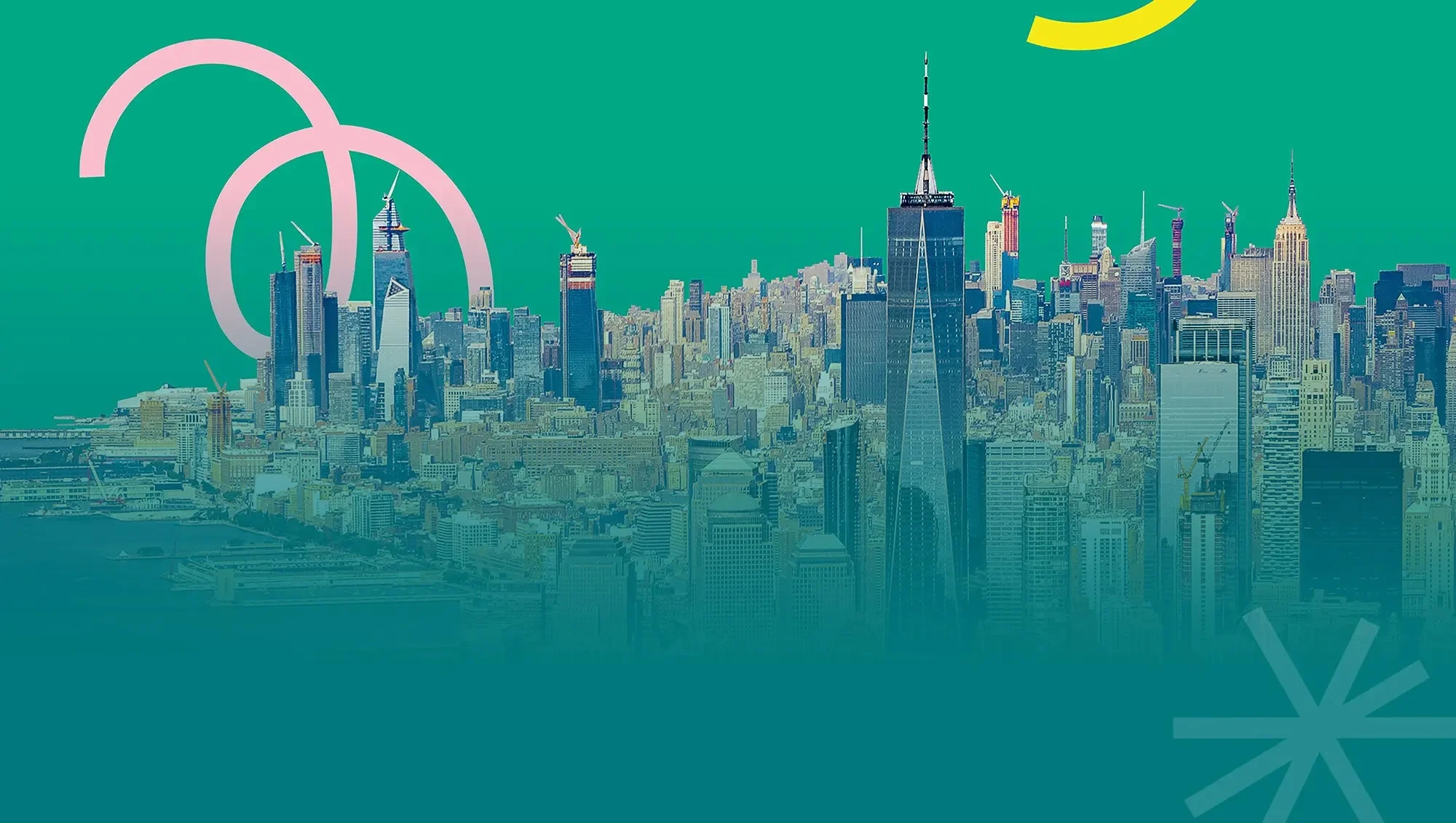 New York City financial district buildings and skyscrapers featuring modern colorful graphic design overlays.