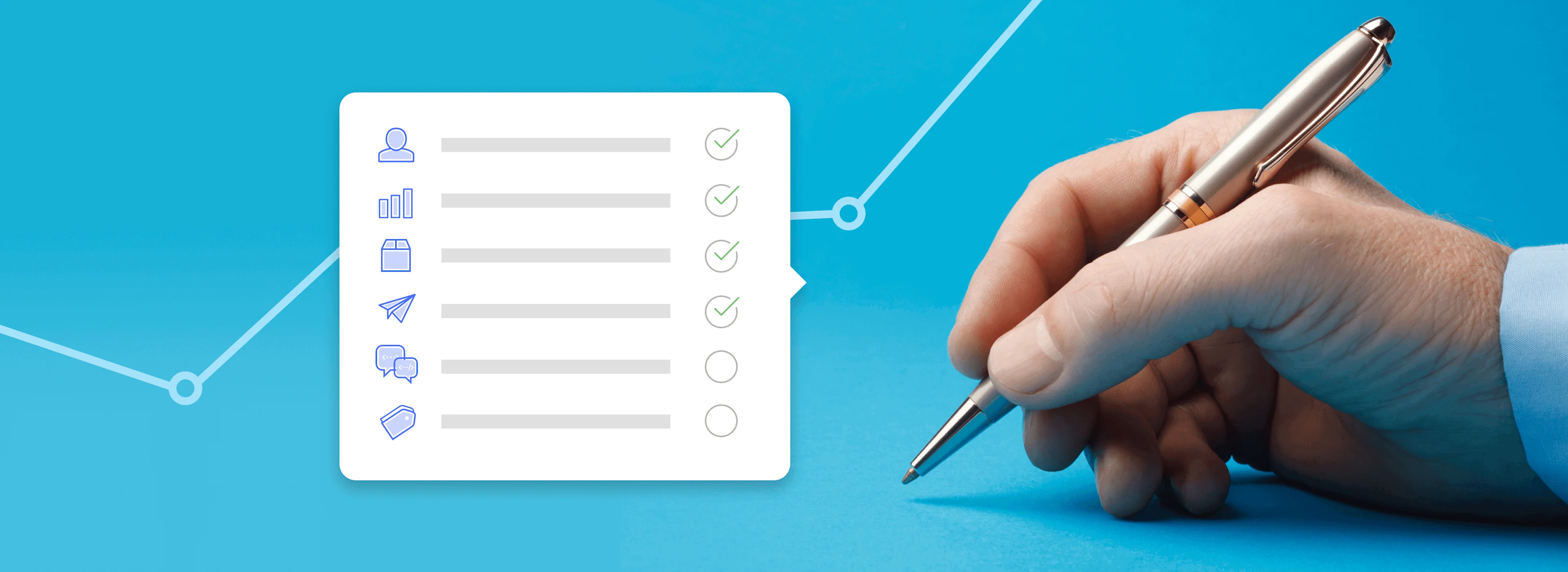 Hand holding a pen next to a digital checklist with icons, check marks, and a blue upward trend line on the background.
