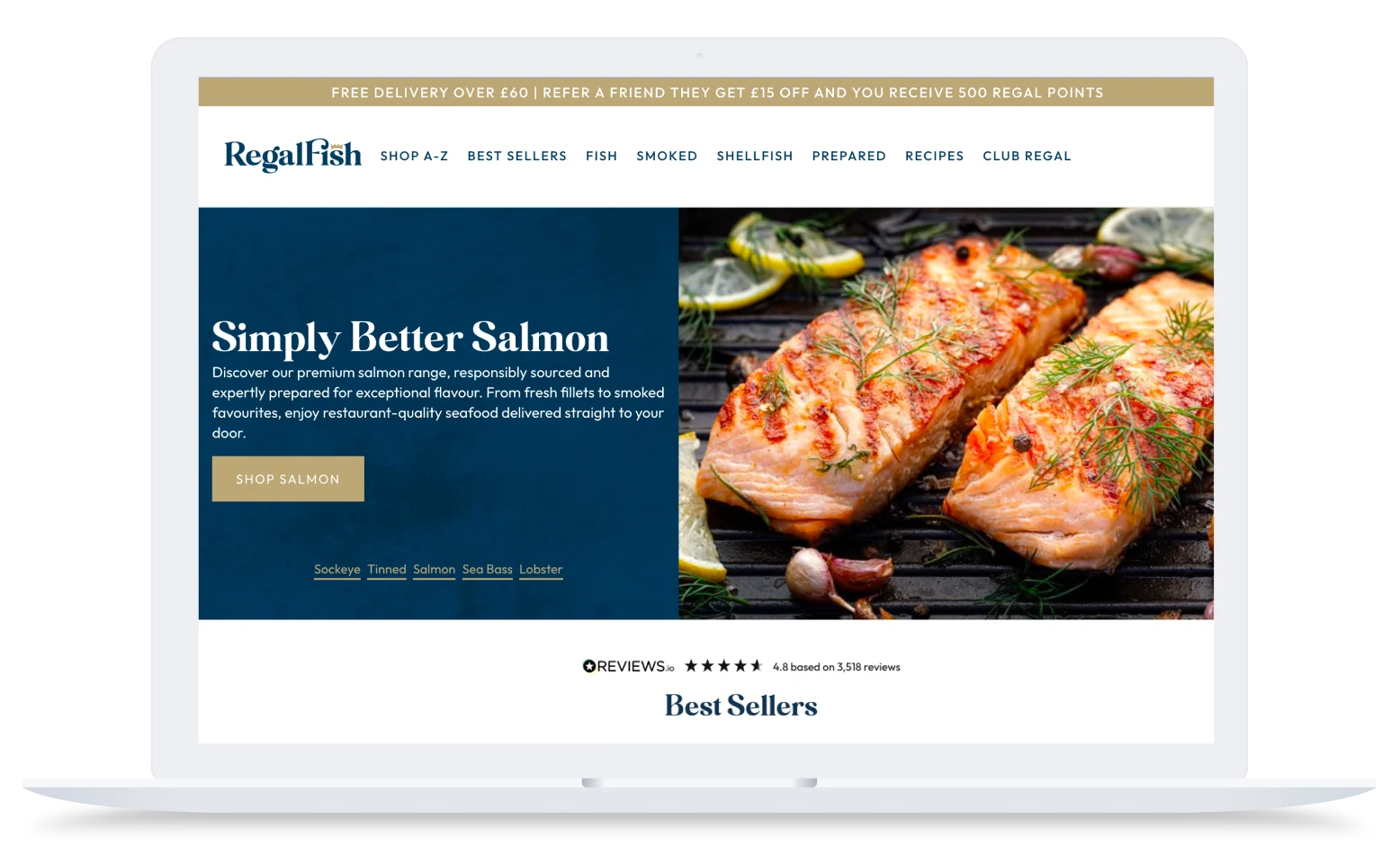 Laptop showing Regal Fish website with header image of cooked salmon and text Simply Better Salmon.