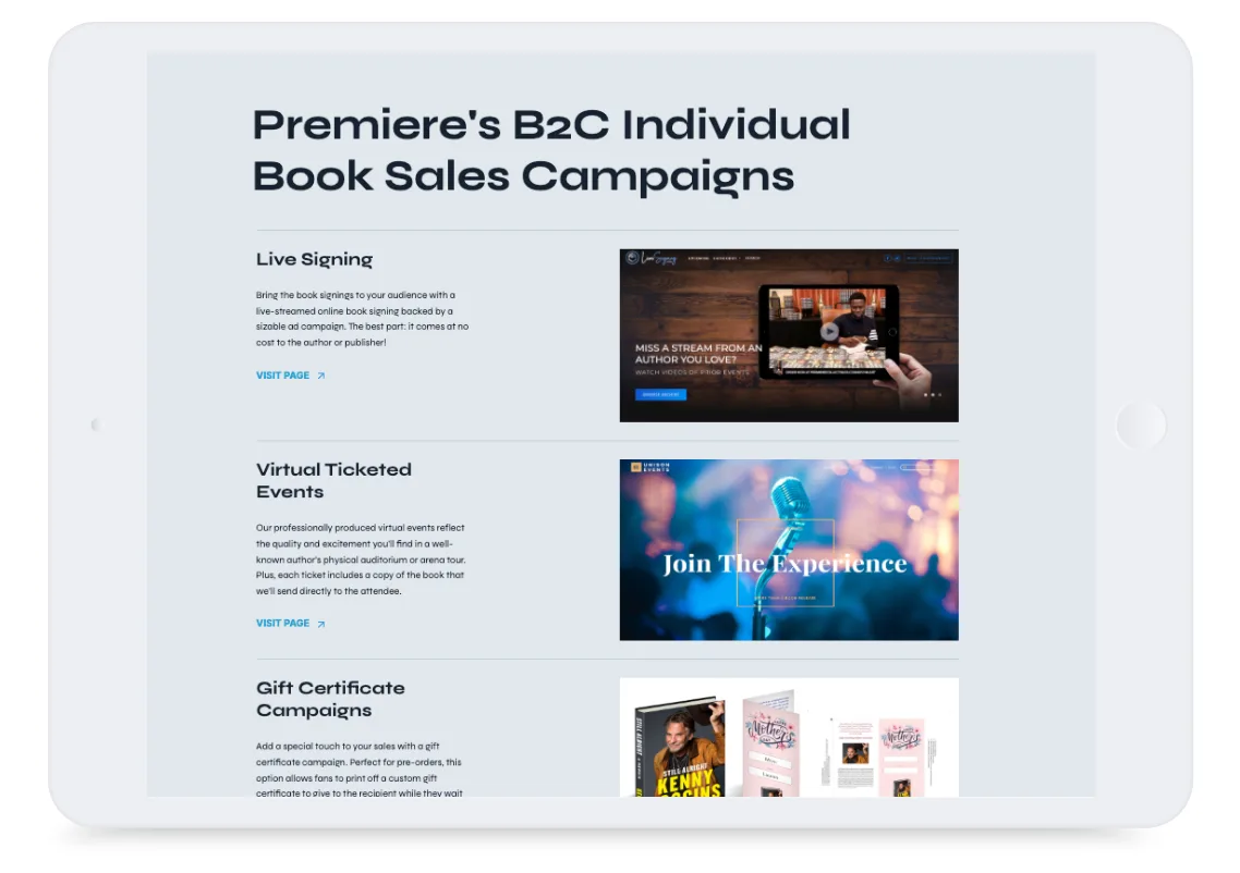 Tablet screen displaying Premiere's B2C Individual Book Sales Campaigns with images and descriptions for three campaign types.