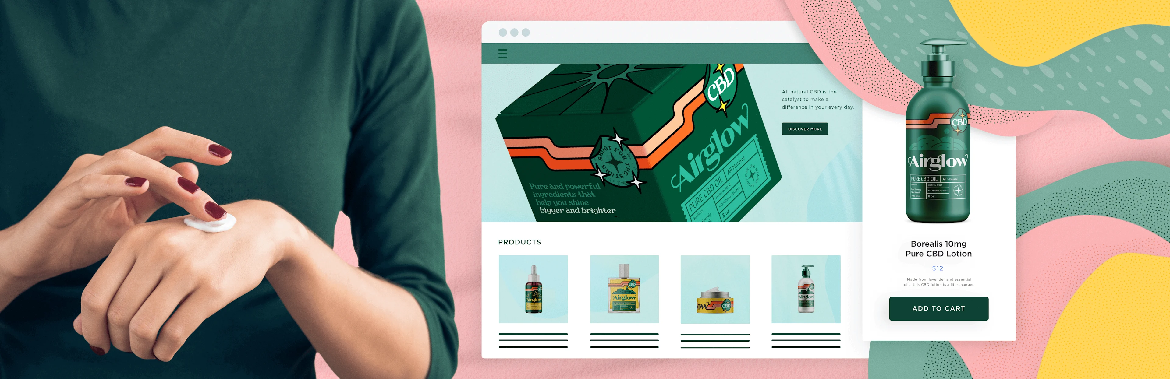 A person applies lotion to their hand, with CBD product images and a colorful online shop interface in the background.