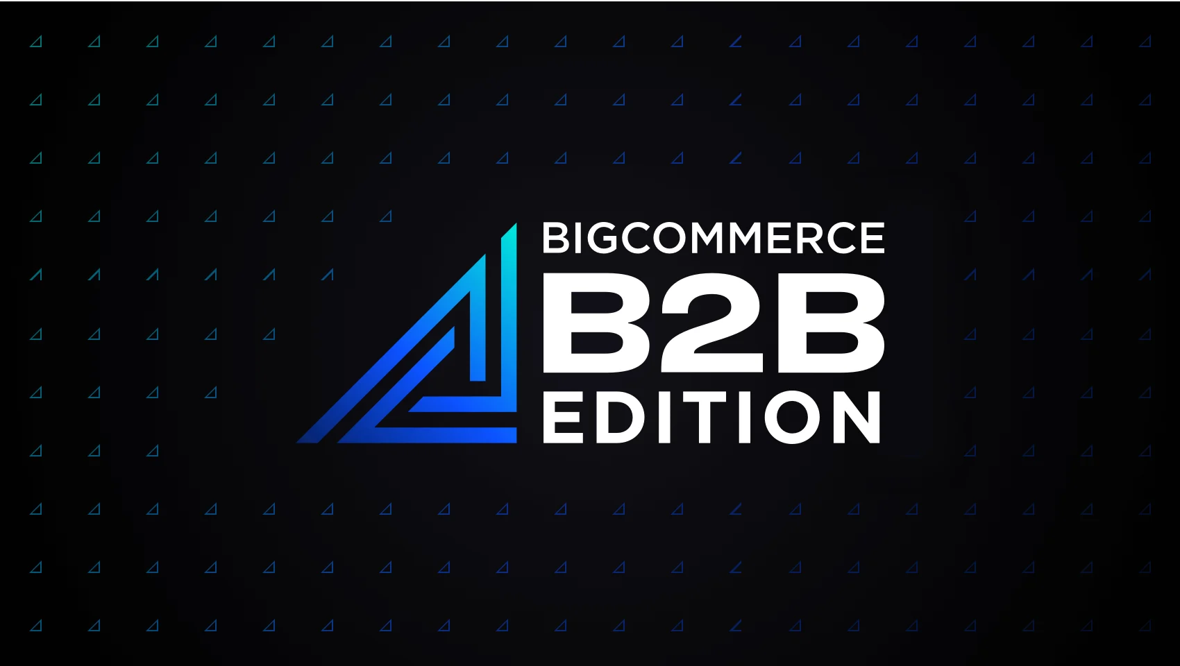 BigCommerce B2B Edition logo in white and blue on a black background with small blue triangle patterns.