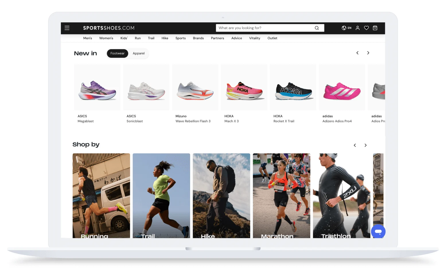 Laptop screen showing a sports shoe website with colorful running shoes and activity categories like running and hiking.