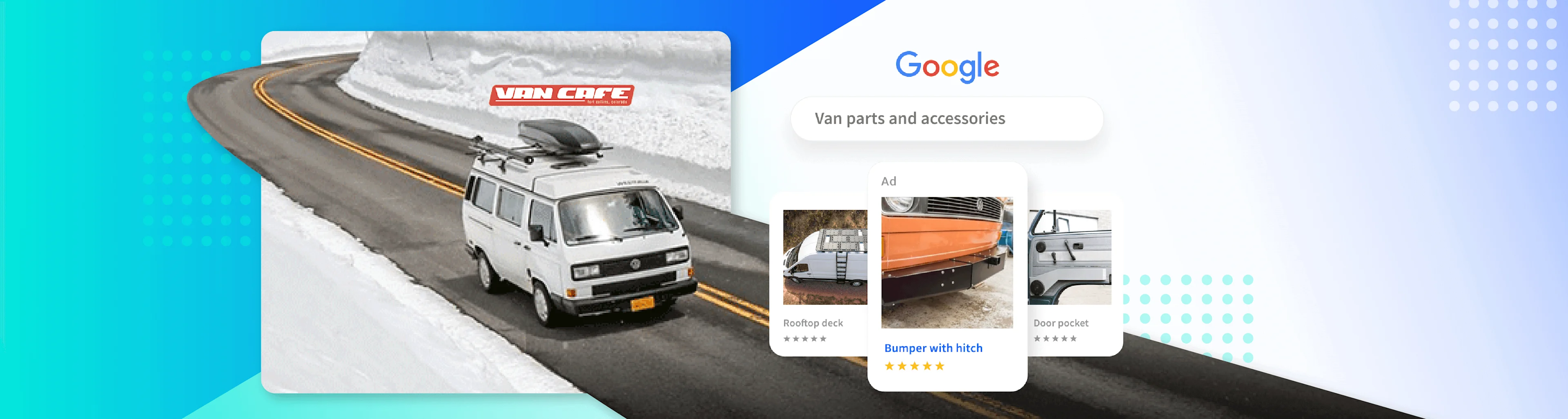 Google Search of van parts and accessories with VW Bus driving