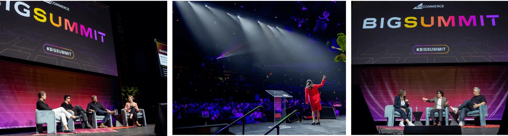 Three photos of a business summit: panelists on stage, a speaker addressing a crowd, and a large "BIG SUMMIT" sign.
