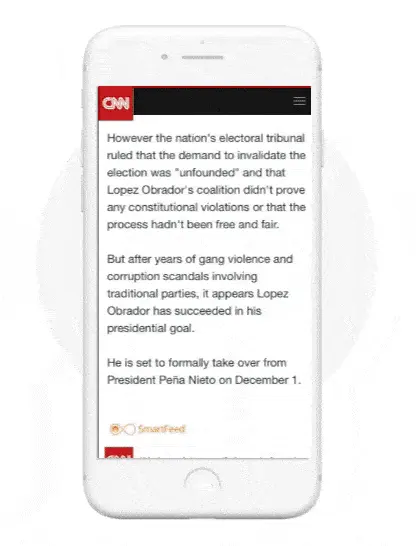 A white smartphone displays a CNN news article about Lopez Obrador's presidential victory and transition from Peña Nieto.