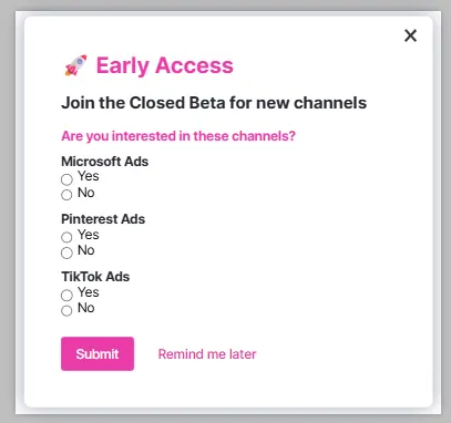 The Early Access survey for requesting beta channels in Feedonomics Surface