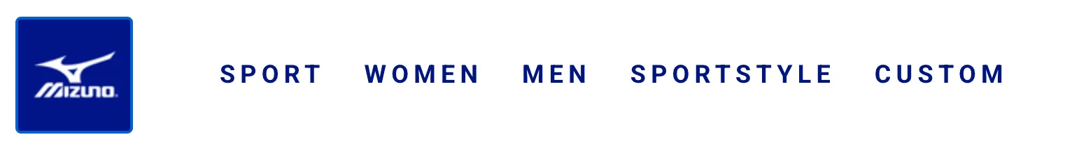 Mizuno logo in white on blue square background, followed by navigation menu with Sport, Women, Men, Sportstyle, and Custom.