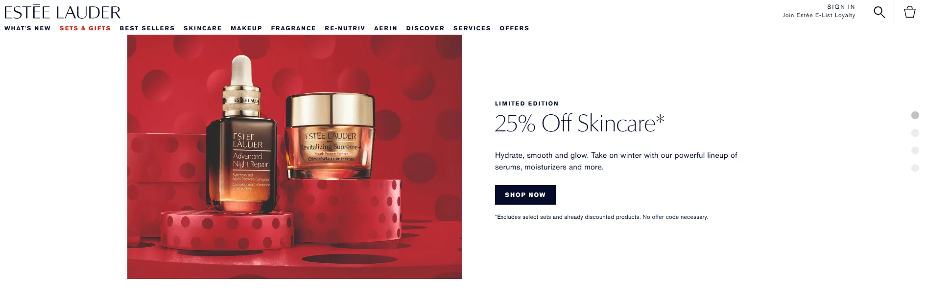 The Packaging Shot: Estee Lauder signature red and gold high-end packaging of skincare products (Estee Lauder Website)