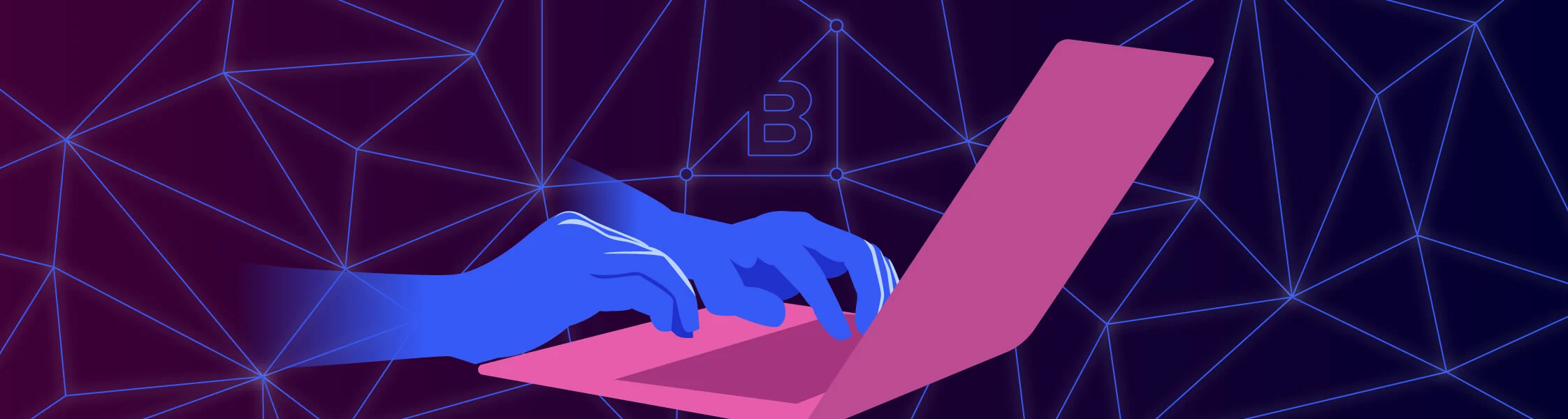 Blue stylized hands typing on a pink laptop against a dark geometric network background.