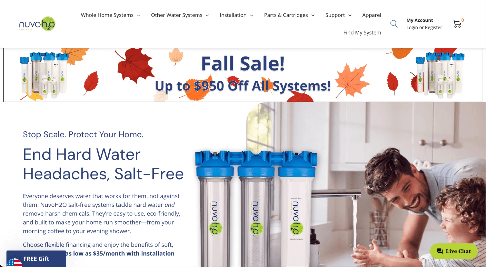Banner with fall leaves, water filter systems, and text promoting a fall sale; man and child smiling at kitchen sink.