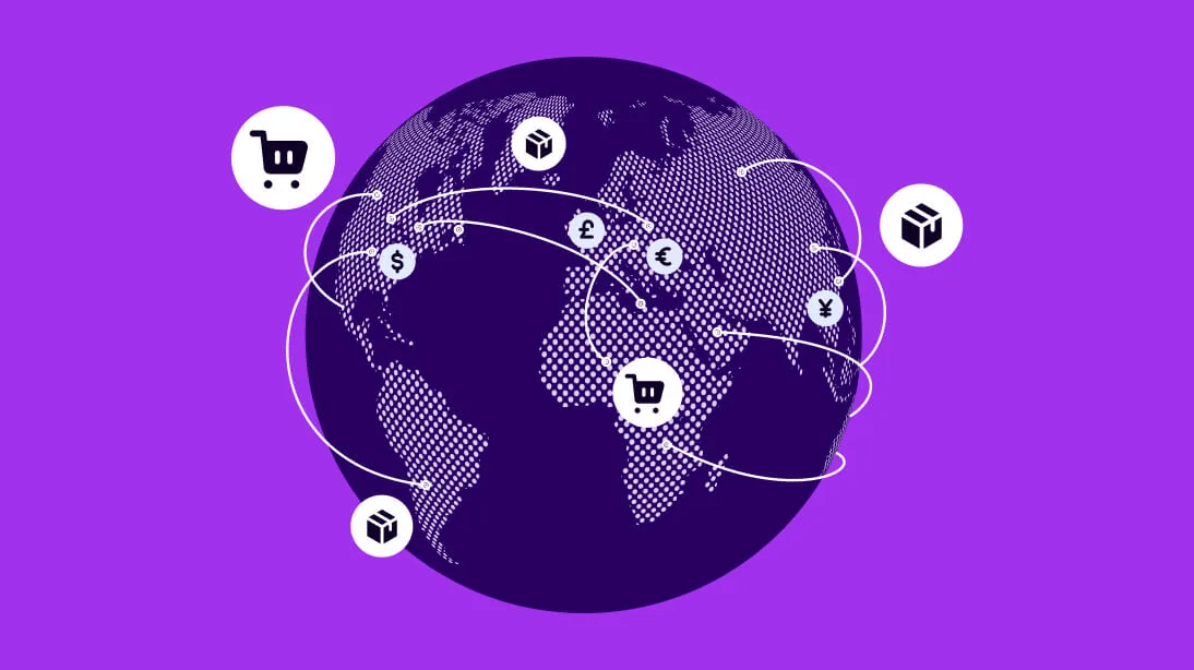 Purple globe with white dotted continents, connected by lines with currency symbols, shopping carts, and package icons.
