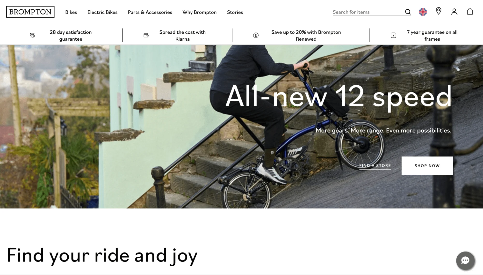 Brompton All-new 12 speed bike being ridden up a steep, narrow outdoor staircase. More gears, more range.