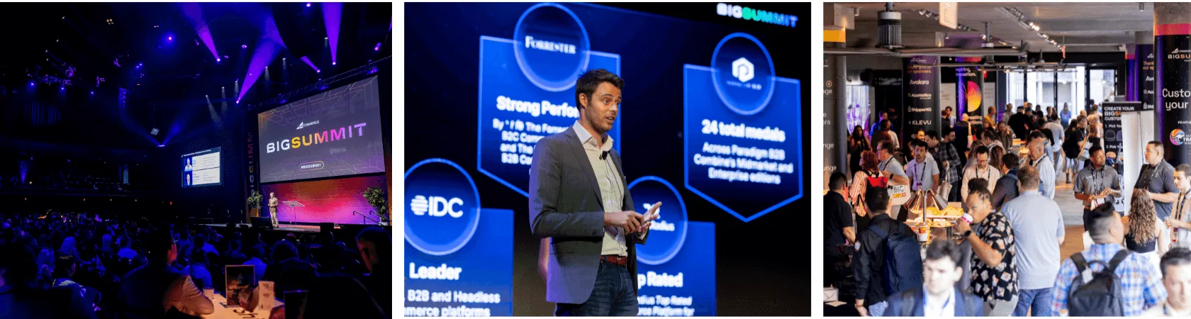 A business conference with speakers on stage, colorful lighting, and attendees networking in a busy event space.