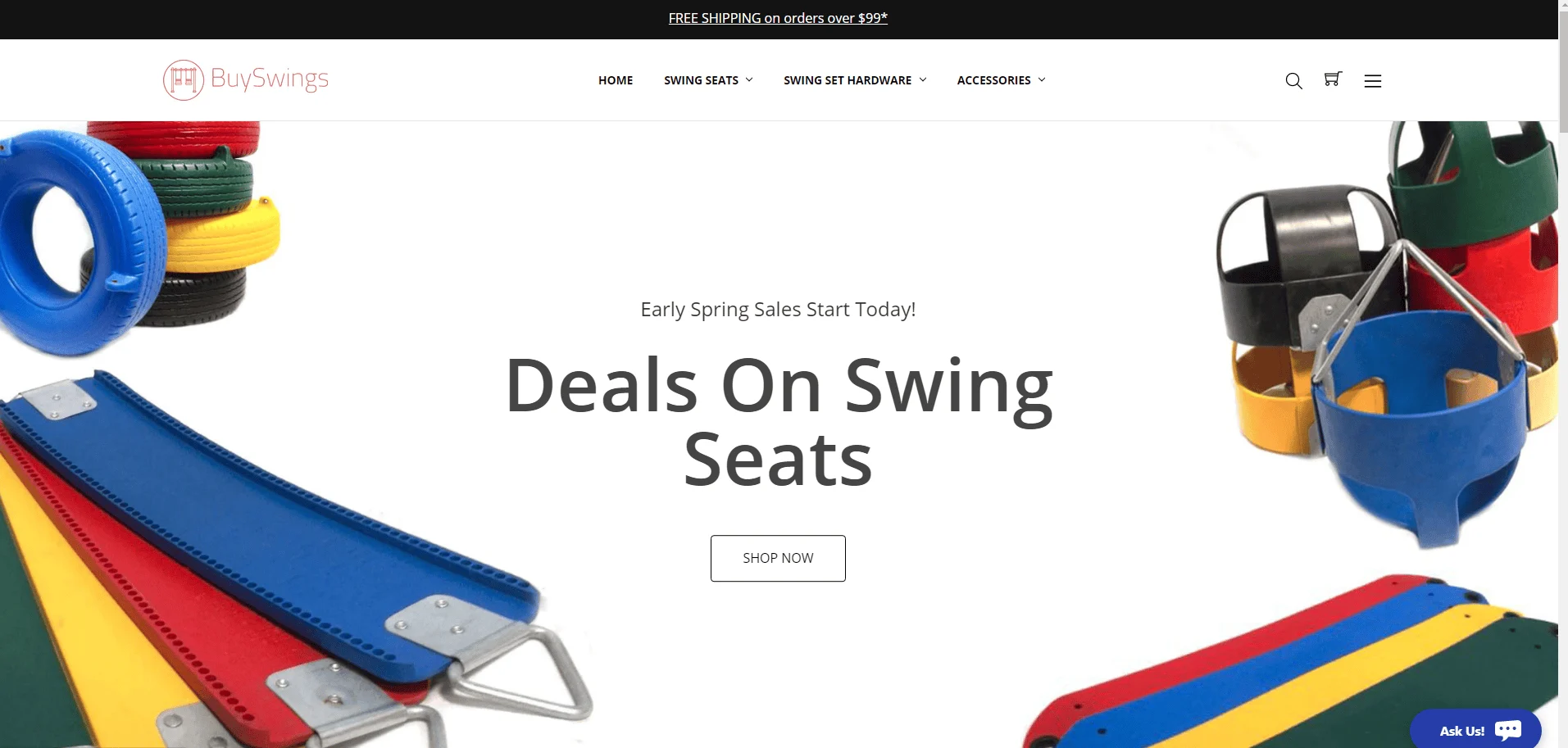 Colorful swing seats, tire swings, and bucket swings displayed with text advertising deals on swing seats.