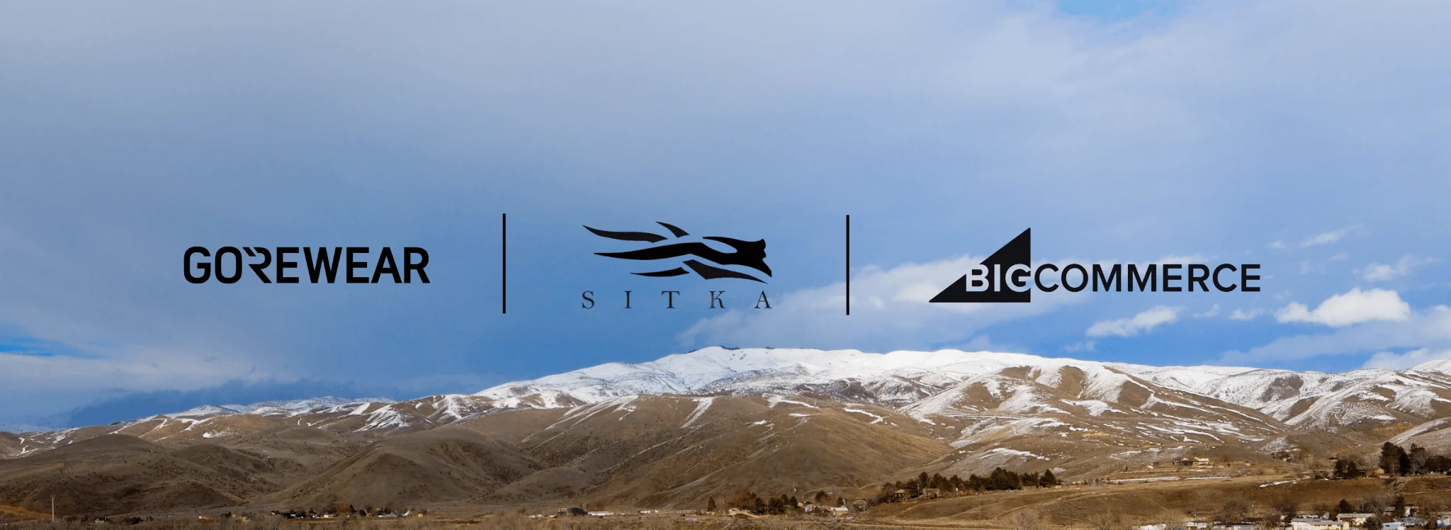 GOREWEAR, SITKA, and BigCommerce logos displayed over a snow-capped mountain landscape under a bright sky.