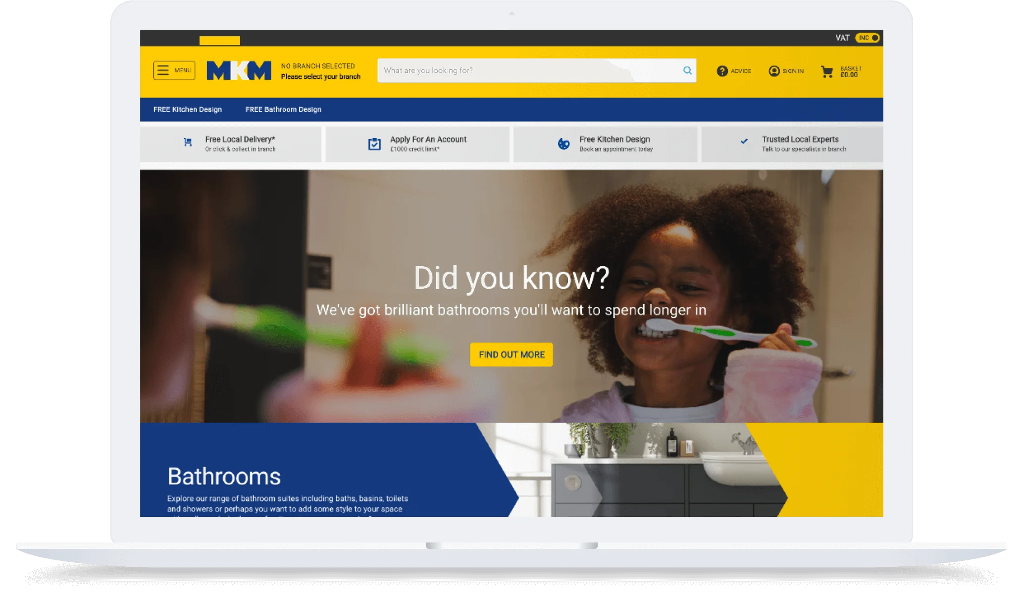 A smiling child brushes their teeth in a bright bathroom, shown on a laptop screen with MKM’s website displayed.