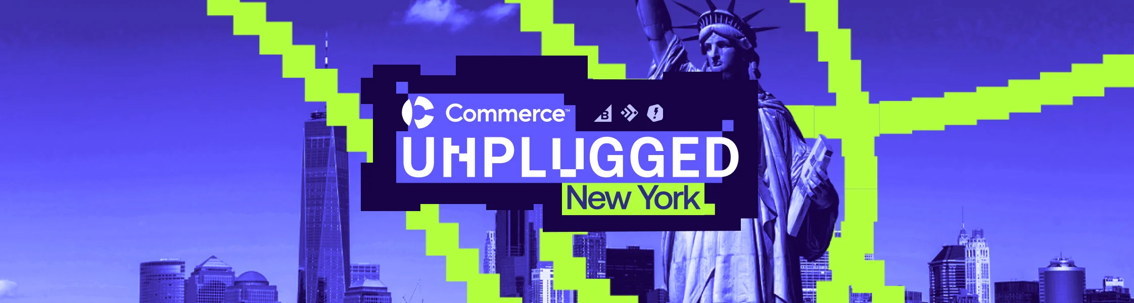 Commerce Unplugged New York event banner with Statue of Liberty and city skyline in purple and neon green colors.